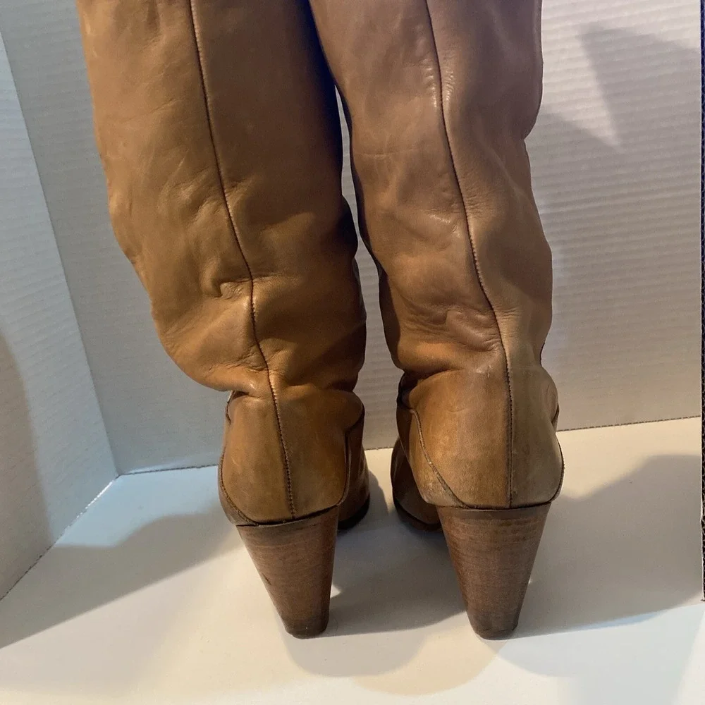 VTG Frye Women's Tan Leather Campus Boots Tall Riding Heeled‎ 8.5 Fold Over Cuff